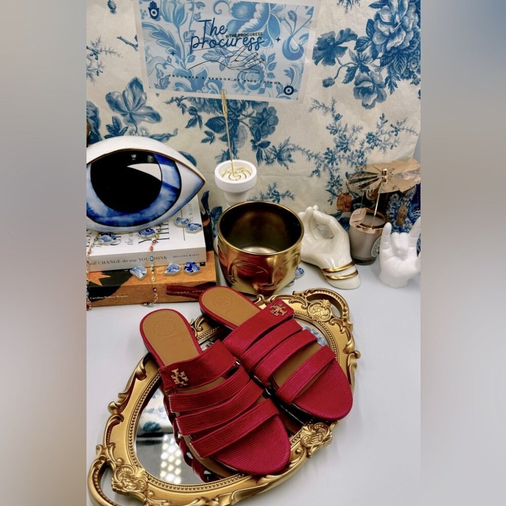 🆕 TORY BURCH 🧿 NWOT Kira Multi-Band Slide Sandals, Ruby Red - Sz 6.5